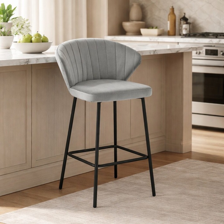 Scaun de bucatarie/bar, Artool, Gatta, catifea argintie, picioare metal negru, 43.5x36.5x90.5 cm