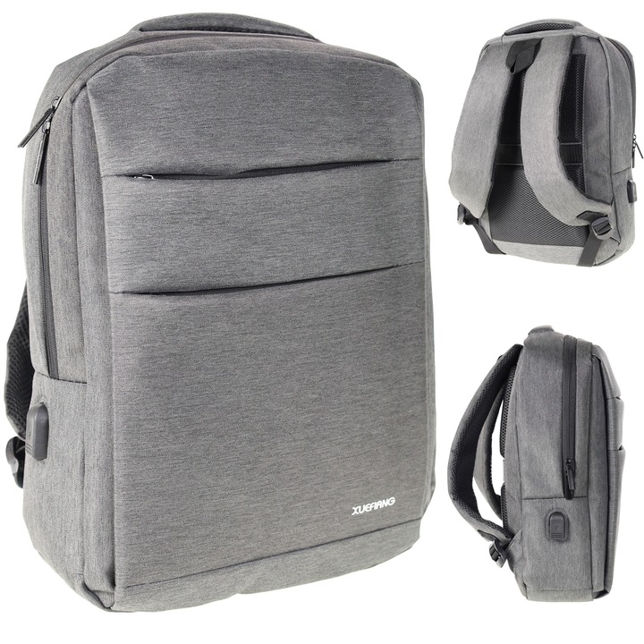 Rucsac multifunctional scolar, 22L, gri, cu port USB, pentru laptop, dimensiuni 45x30x15cm