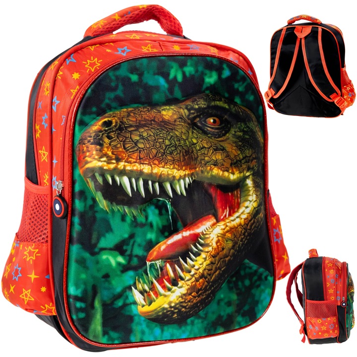 Ghiozdan scolar multifunctional, Model dinozaur 3D, 18 l, 40x30x15cm, Negru/Rosu