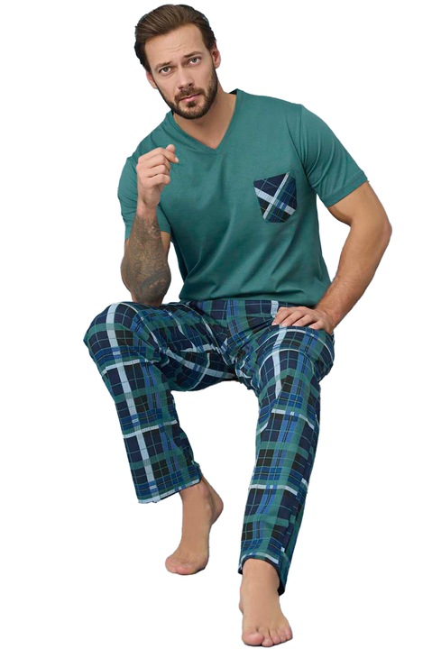 Férfi pizsama, 7970, Póló hosszú nadrággal, 100% pamut, Aydogan-Verde-S INTL