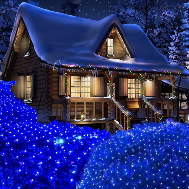 Instalatie de Craciun tip Plasa, 30 m x 1 m, 1200 Leduri, Albastru, transformator cu 8 jocuri de lumini, Interconectabila, Cablu Transparent, Prelungitor 3 m inclus