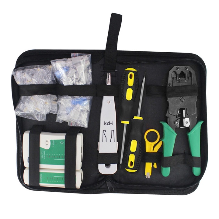 Професионални модулни клещи за кримпване RJ45 / RJ11 / RJ12, Axroad Mall, 9 части, С резачка за тел, Нехлъзгаща се дръжка, Ергономични, Реже/голи кабели и пресова щепсели, За интернет и телефонно окабеляване, Многоцветни