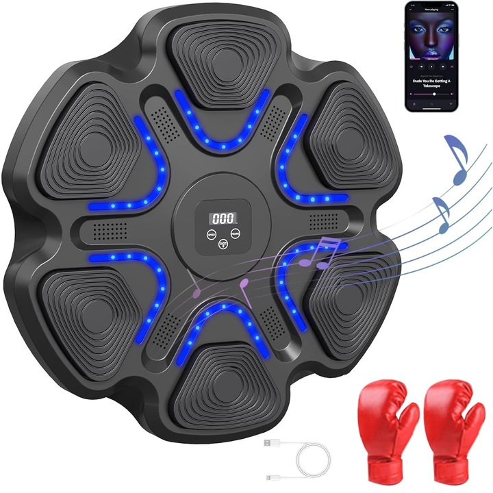 Интелигентна музикална боксова круша с Bluetooth, GOSTOCK®, интерактивни светлини, LED осветление за зоната на удара, 9 режима, бокс и фитнес тренировка, за деца и възрастни, USB зареждане, дънково черно