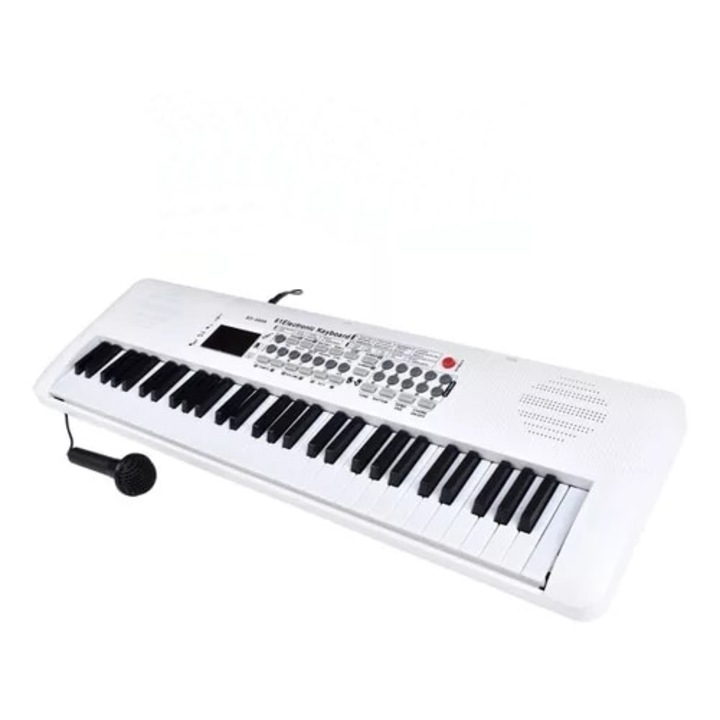 Orga cu baterii si microfon, cu 61 de clape, 100 ritmuri, 100 tonuri, 61 percutii, 12 melodii demonstrative, reglare volum, control tempo, inregistrare si redare melodii, alb