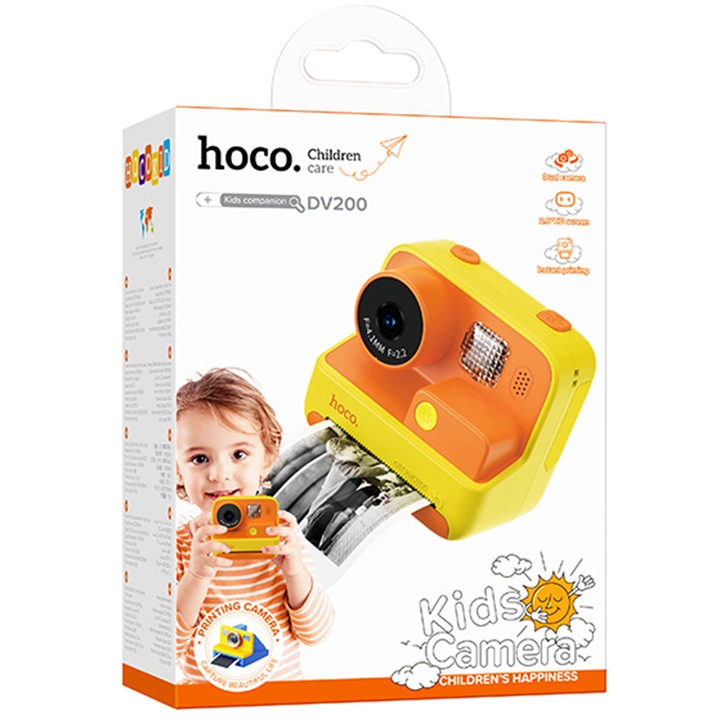 Fényképezőgép nyomtatóval, gyerekeknek, Hoco DV200, 32 GB memória, 800 mAh-s akkumulátor, narancssárga és sárga