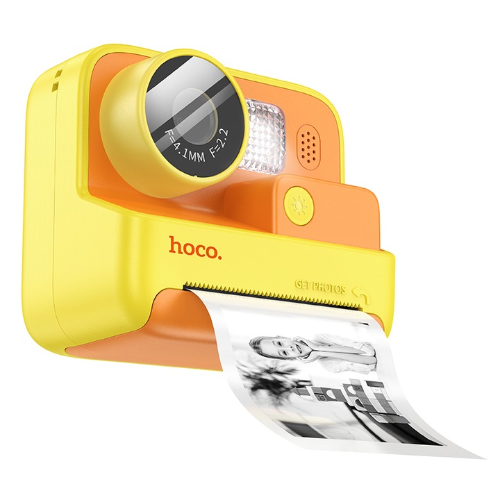 Camera Foto cu Imprimanta, pentru Copii, Hoco DV200, Memorie 32GB, Baterie 800mAh, Portocaliu si Galben