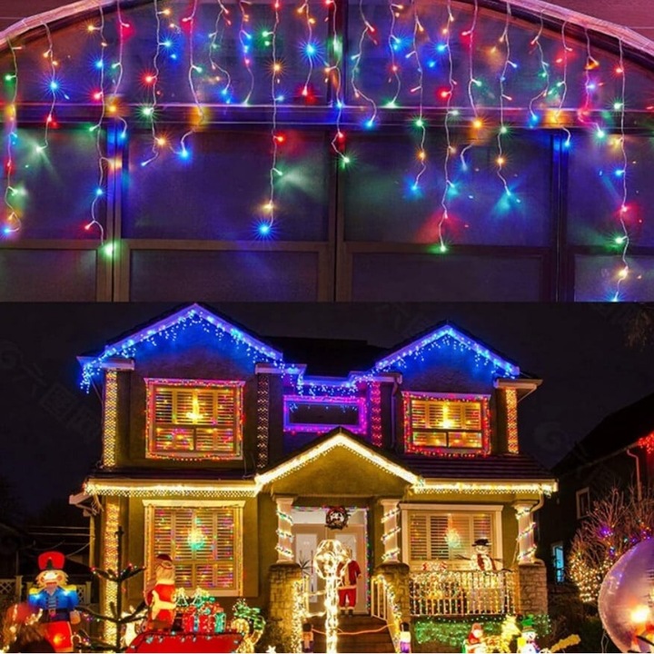 Instalatie Craciun Cu Turturi GREATON Pentru Exterior Sau Interior, Ghirlanda Tip Perdea, Franjuri Cu Jocuri De Lumini, Alimentare La Priza, Interconectabila, 8 Metri, Multicolor, Fir Alb