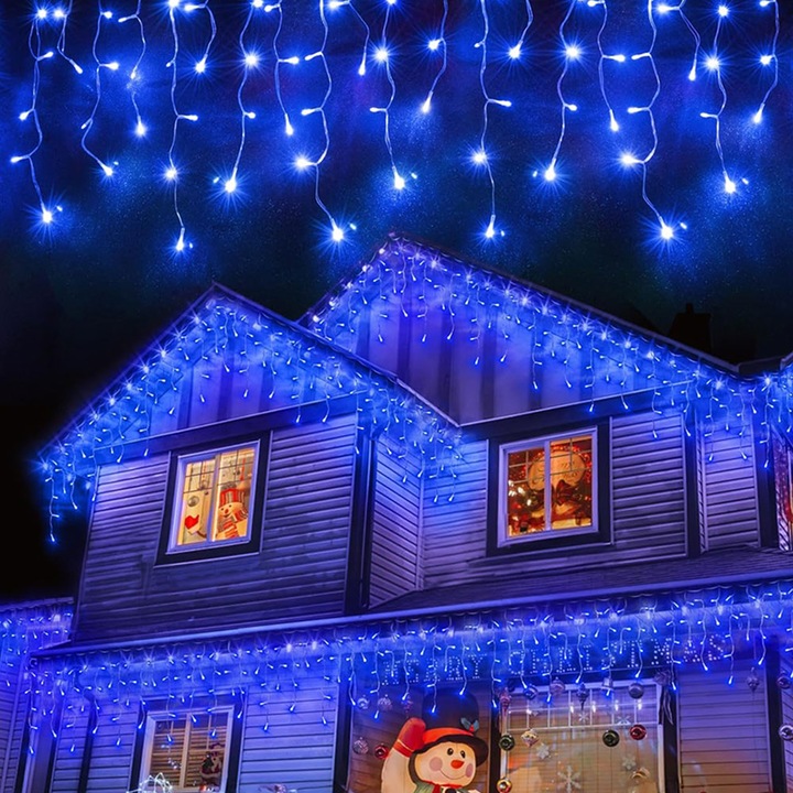 Ghirlanda Luminoasa Tip Franjuri EDAR, Instalatie De Craciun Perdea Pentru Exterior/Interior, 8m, Fir Alb, Albastru, Flash, Interconectabila