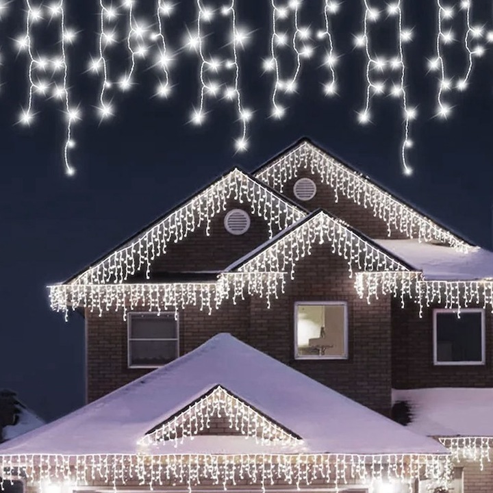 Instalatie Craciun Cu Turturi GREATON Pentru Exterior Sau Interior, Ghirlanda Tip Perdea, Franjuri Cu Jocuri De Lumini, Alimentare La Priza, Interconectabila, 8 Metri, Alb Rece, Fir Alb