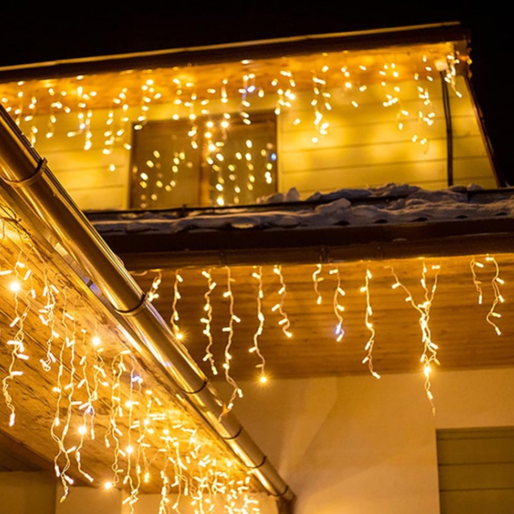 Ghirlanda Luminoasa Tip Franjuri EDAR, Instalatie De Craciun Perdea Pentru Exterior/Interior, 8m, Fir Alb, Alb Cald, Flash, Interconectabila