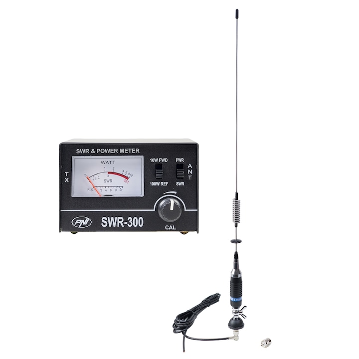 Antena CB PNI S75, 75 cm, cu fluture, cablu RG58 de 4m si reflectometru PNI SWR-300 pentru masurare SWR