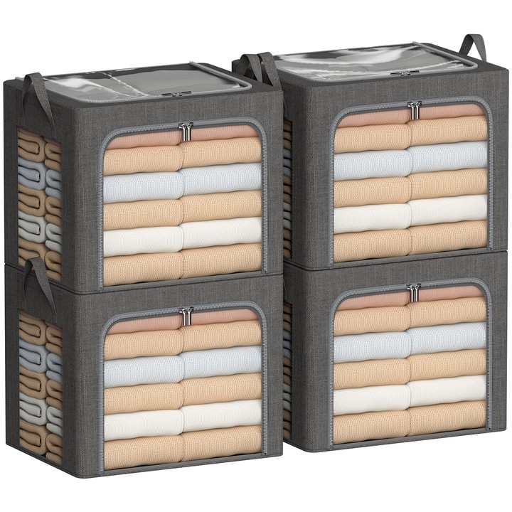 Органайзер за шкаф, 50x40x33 см, с метален обков, сгъваем, кутия за съхранение от ленен плат, с прозрачен отварящ се прозорец, WALALLA, тъмносив