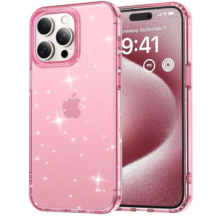 Husa telefon, Axroad Mall, Ultra slim, Ce absoarbe intens socurile, Pentru incarcare wireless, Margini ridicate pentru protectia ecranului si a camerelor, Compatibil iPhone 15, Plastic, Transparent/Roz