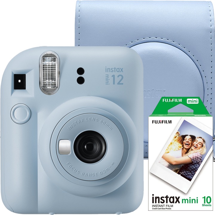 Фотоапарат за моментни снимки Fujifilm Instax Mini 12 Pastel Blue с Калъф и мини филм 1x10