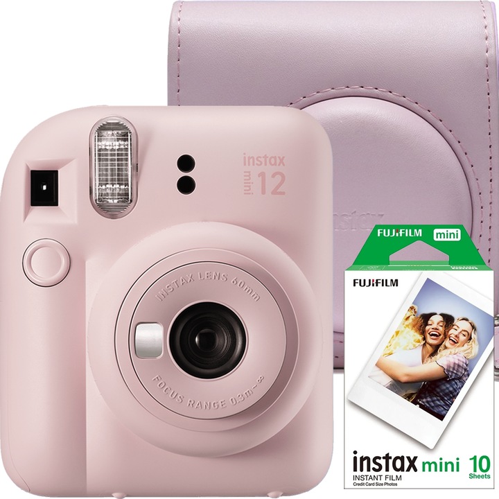 Фотоапарат за моментни снимки Fujifilm Instax Mini 12 Blossom Pink с Калъф и Филм Mini 1x10