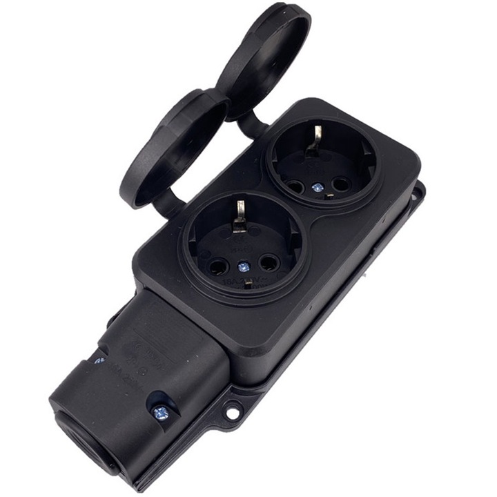 Cap prelungitor, 2 prize schuko cu capac, rezistente la umezeala IP54, din cauciuc, negru