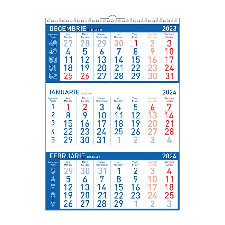 Calendare de perete triptice model Standard, 12 file, 25buc/set, culoare albastra, cu agatatoare, 2025