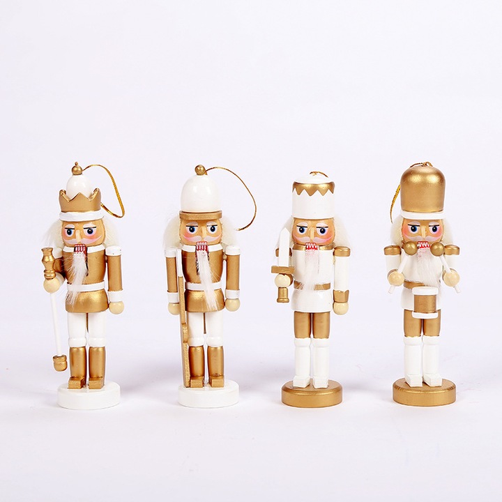 Spargator de Nuci Soldat, Set 4 Figurine, Lemn, Alb - Auriu