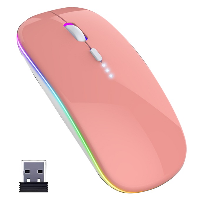Vezeték nélküli egér MTEVOTX Dual-Mode (2,4G és BT 5.2), újratölthető 500 mAh, állítható DPI 800/1200/1600, ergonomikus kialakítás RGB LED-del, töltöttségi szint kijelző, kompatibilis Windows 8/10, Android, Mac OS iOS 13+, Plug and Play, rózsaszín