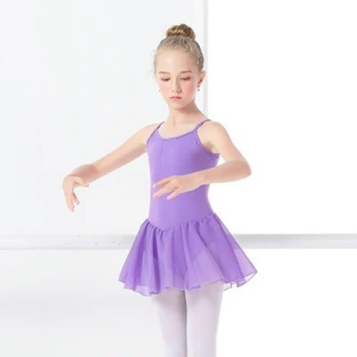 Costum pentru dans/gimnastica Mixbo, body cu fustita si capse, model maieu, bumbac si organza, mov, 120 cm, 5-6 ani