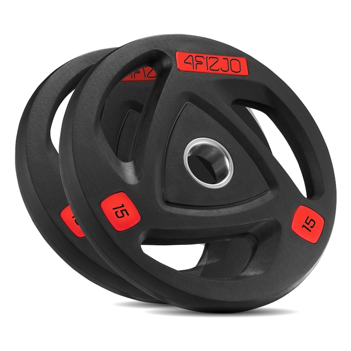 Disc cu prindere 2 x 15 kg, 4FIZJO, de inalta calitate, potrivirea la bara olimpica, pentru profesionisti, rezistenta ridicata la uzura, diametru alezaj 5.1 cm, diametru disc 43 cm, grosime disc 3 cm, material fonta acoperita cu cauciuc, Negru/Rosu