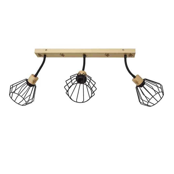 Плафон с дървена лайсна 3x60W, цвят светло дърво, метални части за регулиране посоката на светлината, декоративна декорация лавандула, телени абажури