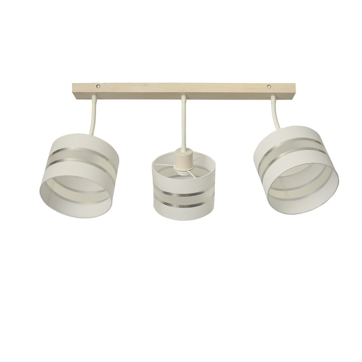 Плафон с дървена лента 3x60W, бяло дърво, метални части за настройка на посоката на светлината, кръгли абажури