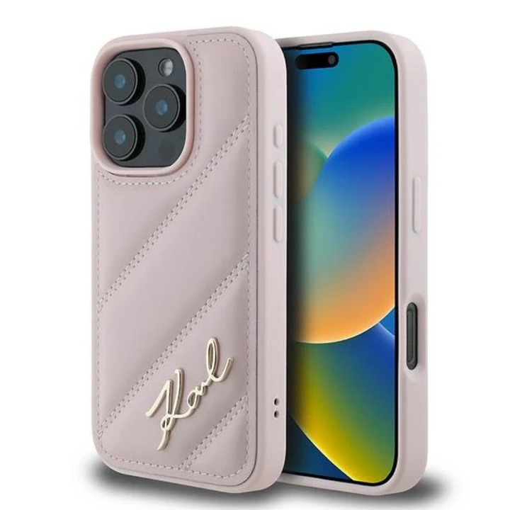 Husa Karl Lagerfeld compatibila cu iPhone 16 Pro Max, Quilted Signature, Roz