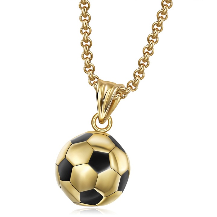 Colier fotbal barbati, AMRINUGL, pandantiv 1.8cm, inox, auriu, set colier + pandantiv