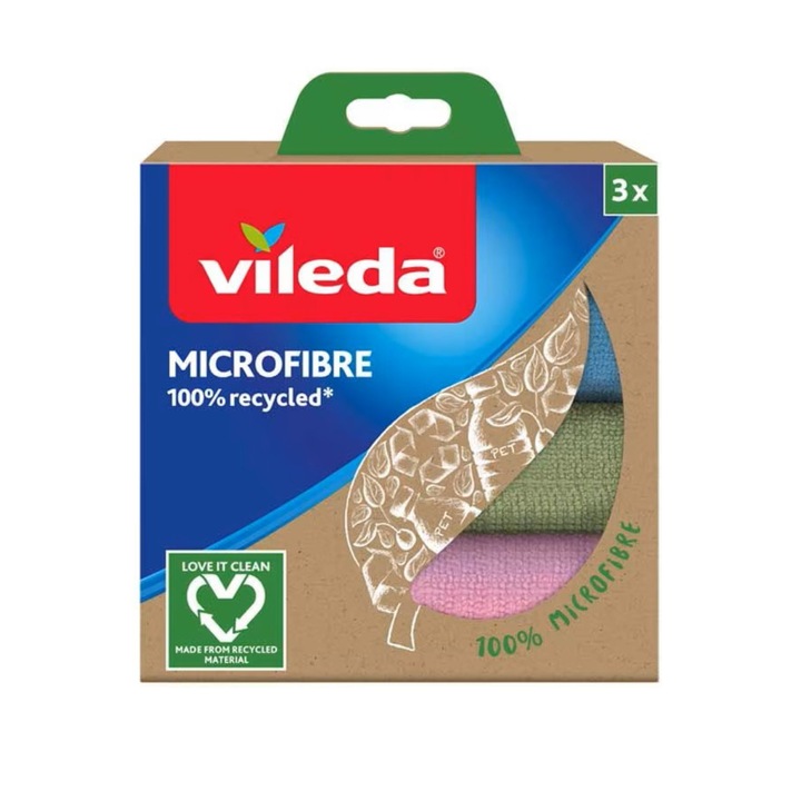 Set 3 lavete Vileda Microfibre 100% Recycled 22863, pentru curatenie, 30 x 30 cm, multifunctionale Multicolor