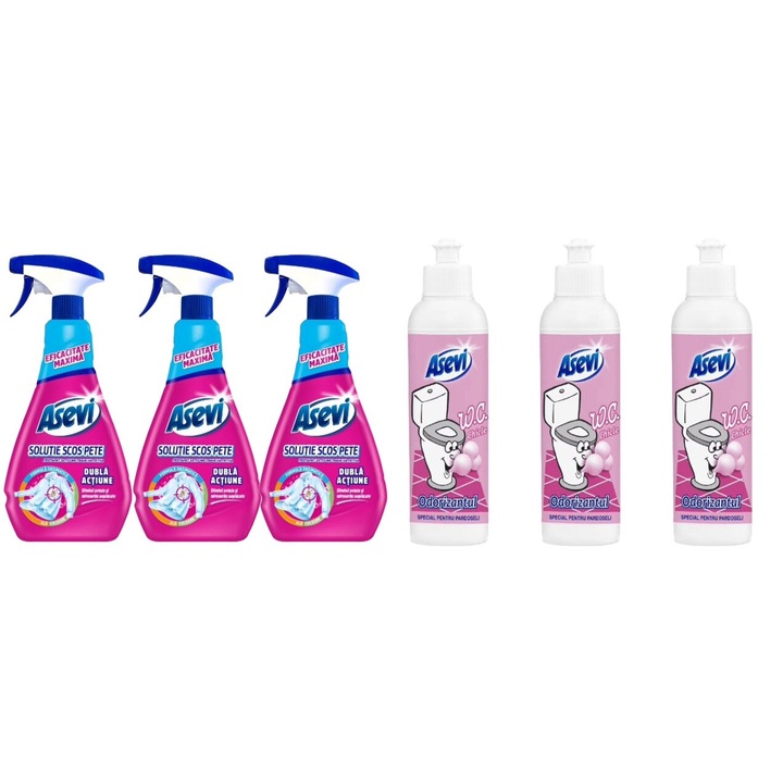 Set Curatenie Asevi Variety 6 x Componente, 3 x Solutie Scos Pete Pulverizator 750ML, 3 x Odorizant Baie WC Lichid 200ML Chicle, rapid si eficient, testat dermatologic, prospetime de lunga durata, elimina mirosuri neplacute