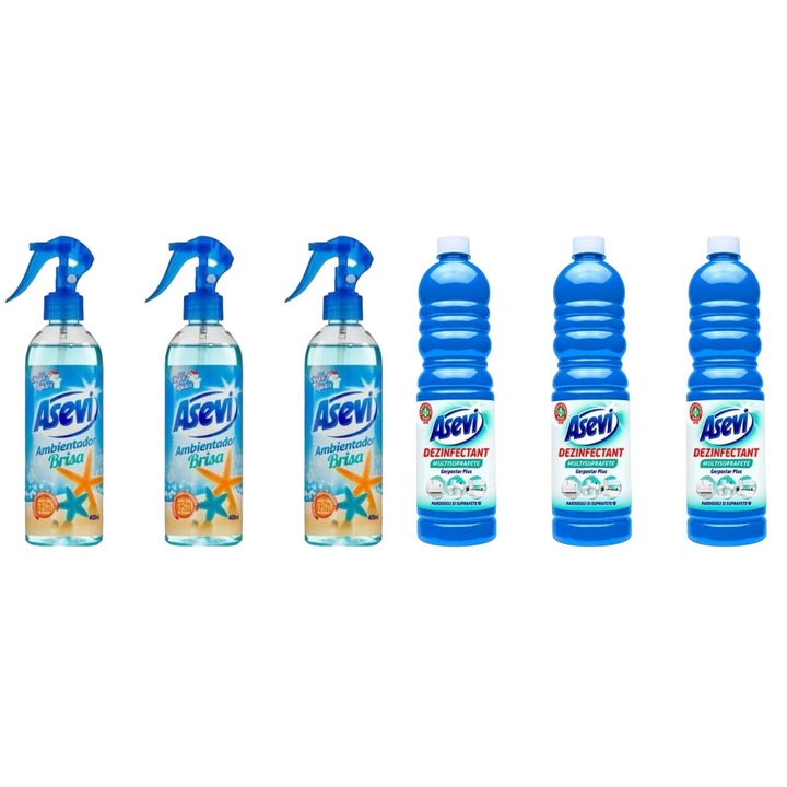 Set Curatenie Asevi Variety 6 x Componente, 3 x Odorizant Camera Spray 400ML Brisa, 3 x Solutie Dezinfectanta Multisuprafete 1L, rapid si eficient, testat dermatologic, prospetime de lunga durata, elimina mirosuri neplacute