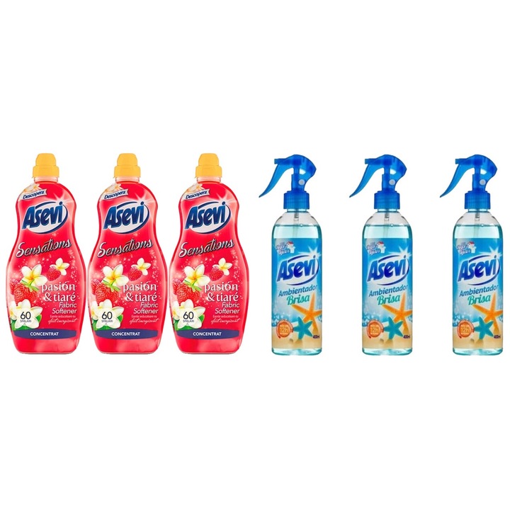 Set Curatenie Asevi Variety 6 x Componente, 3 x Balsam Rufe 1.44L Concentrat Pasion&Tiare, 3 x Odorizant Camera Spray 400ML Brisa, rapid si eficient, testat dermatologic, prospetime de lunga durata, elimina mirosuri neplacute