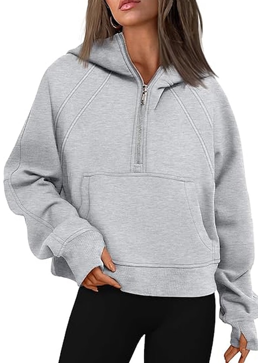Hanorac pentru femei, Axroad Mall, Stil scurt, Tine de cald, Stil casual, Inchidere cu fermoar, Cu buzunar, Moale si confortabil, Pentru controlul burticii, Potrivit pentru primavara, toamna si iarna, Pentru fitnes, Gri