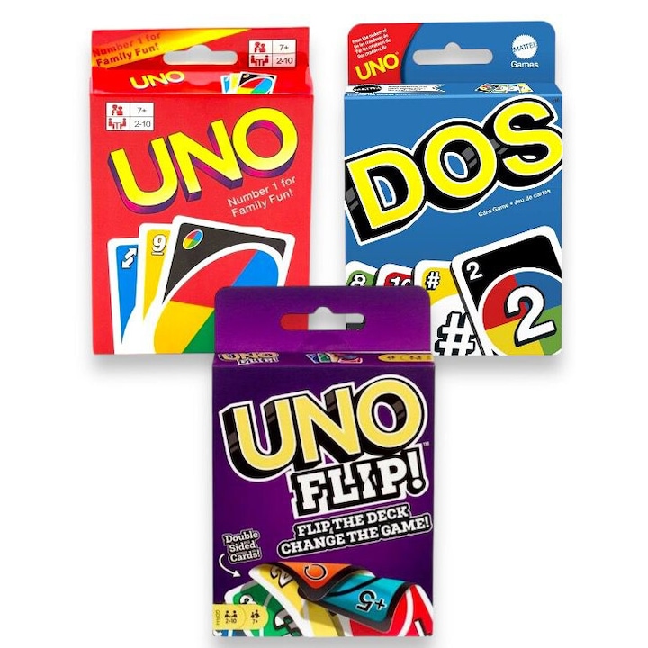 Комплект настолни игри UNO, UNO Flip, DOS