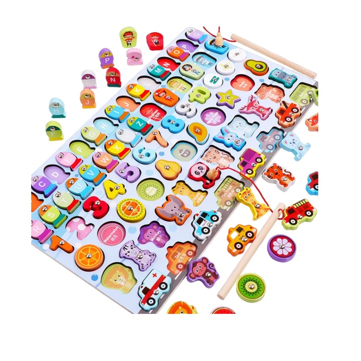 Horgászjáték, interaktív és oktató, fából, Montessori típusú, figurákkal, állatokkal, számokkal, ábécével, horgászbotokkal