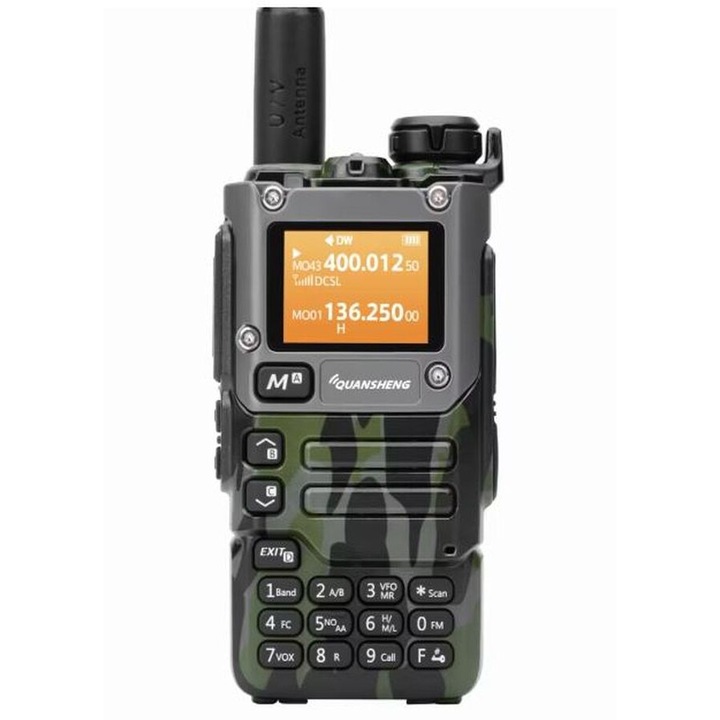 Професионална радиостанция Quansheng K6/UV-K5(8), Hands Free и зарядно устройство THK® Model C, устойчивост на вода и прах, предупреждение за лошо време NOOA, VHF/морски 156MHz/UHF, AirSoft, лов, туризъм, спешно предупреждение, камуфлаж