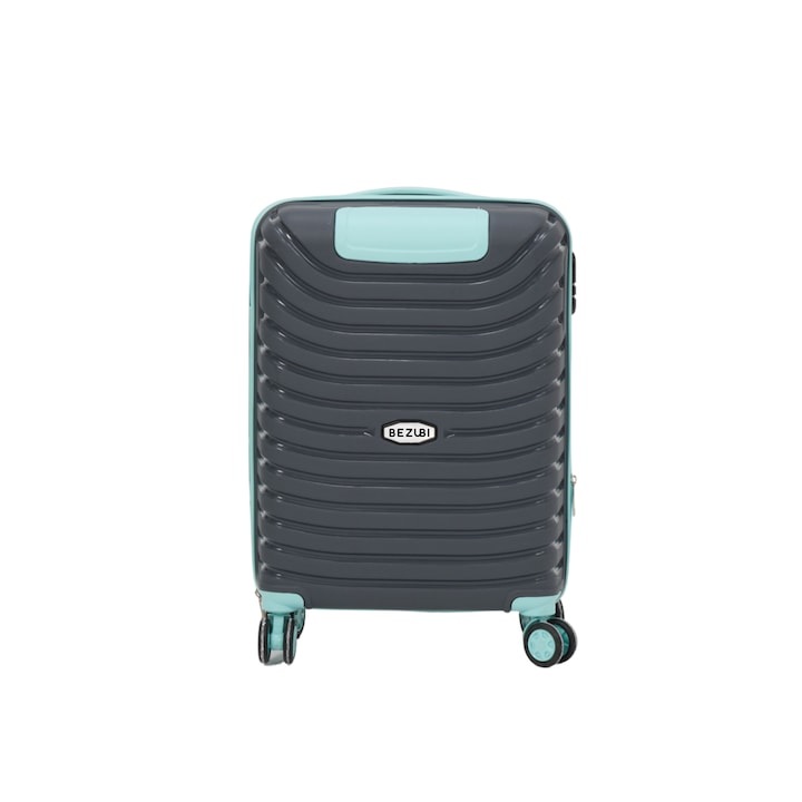 Куфар, Bezubi Easy Travel, ръчен багаж, 55x40x20, обем 44 l, телескопична дръжка, 4 безшумни двойни колела, въртене на 360 градуса, затваряне с цип и цифри, разделяне с джоб, специален нечуплив гъвкав PP материал, Сив/тюркоаз