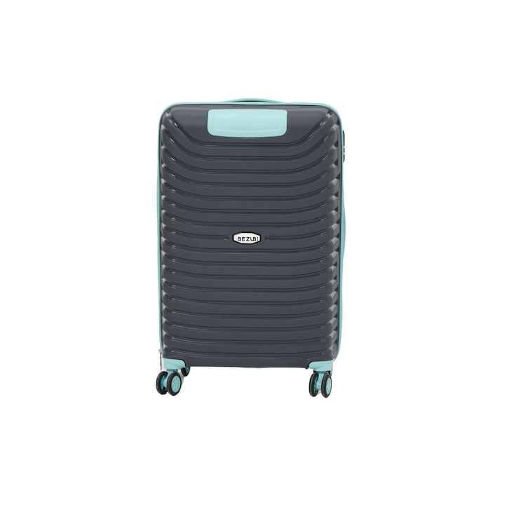 Средна количка Bezubi Easy Travel, ръчен багаж, 71x44x32, обем 88 литра, телескопична дръжка, 4 безшумни двойни колела, въртене на 360 градуса, затваряне с цип и цифри, разделяне с джоб, специален нечуплив гъвкав PP материал, Сив/тюркоаз