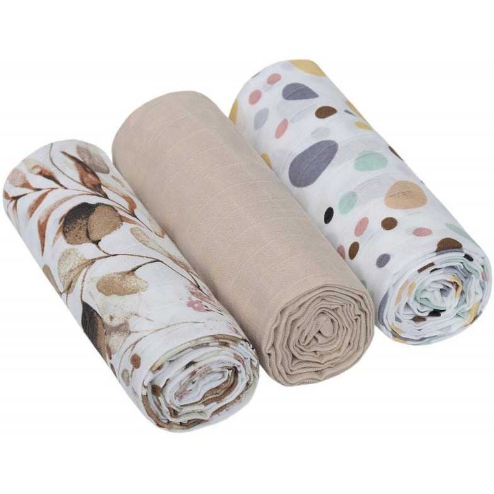 OEM 3 db muszlin pelenka készlet, bézs pöttyös