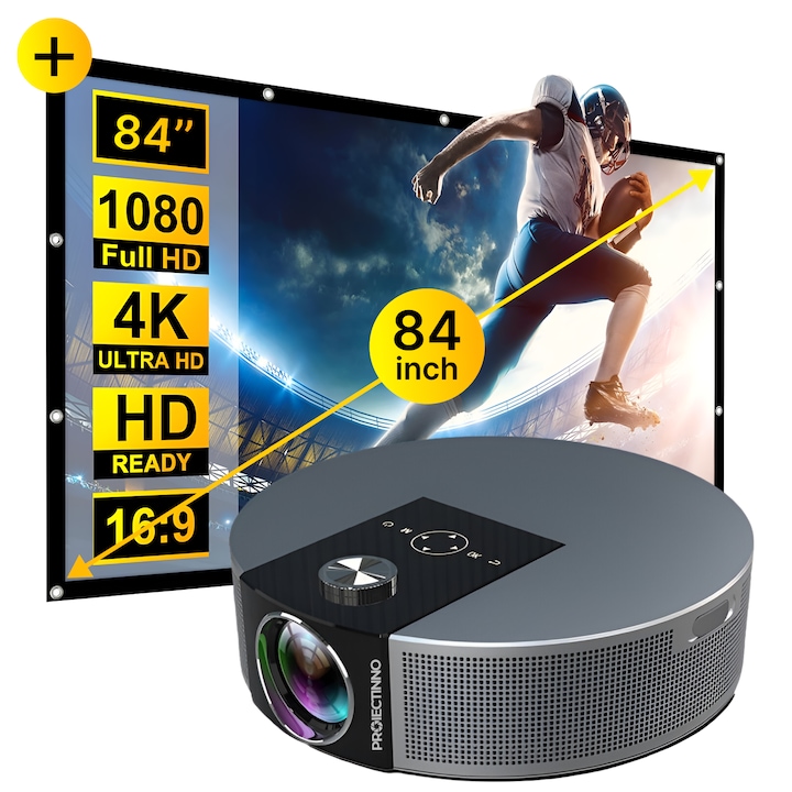 Mini videoproiector 4K 3D LED Q10 cu ecan de proiectie 84 inch, Proiectinno, 20000 lumeni, 1GB RAM+8GB ROM, WIFI 2.4+5G, control vocal, bluetooth, Airplay, Android, IOS, Windows, portabil, gri