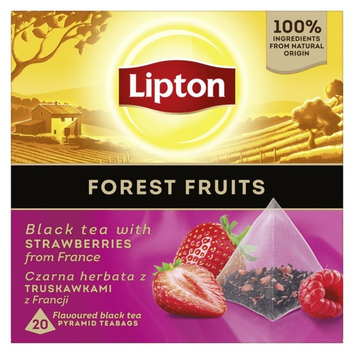 Черен чай Lipton с горски плодове, 20 пирамидални пакетчета
