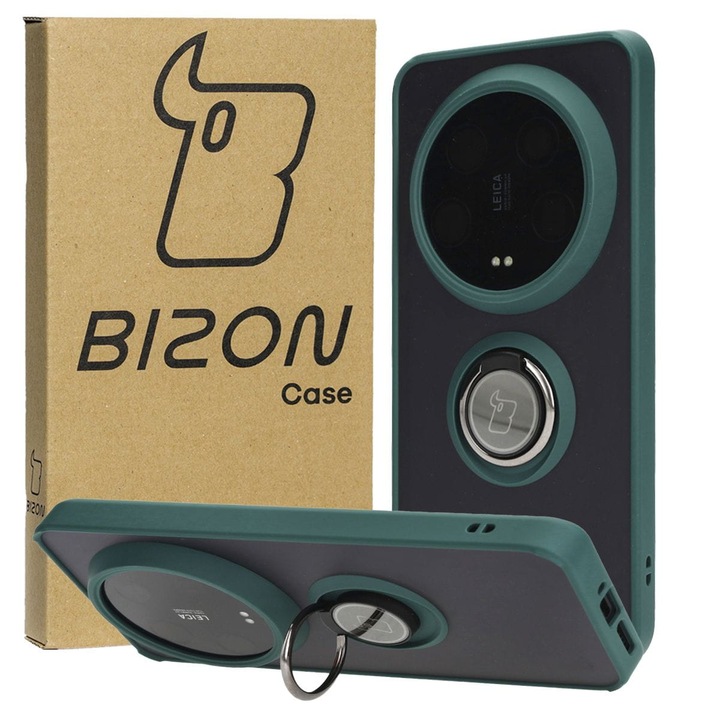Кейс Bizon Case Hybrid Ring за Xiaomi 14 Ultra, опушен с тъмнозелена рамка