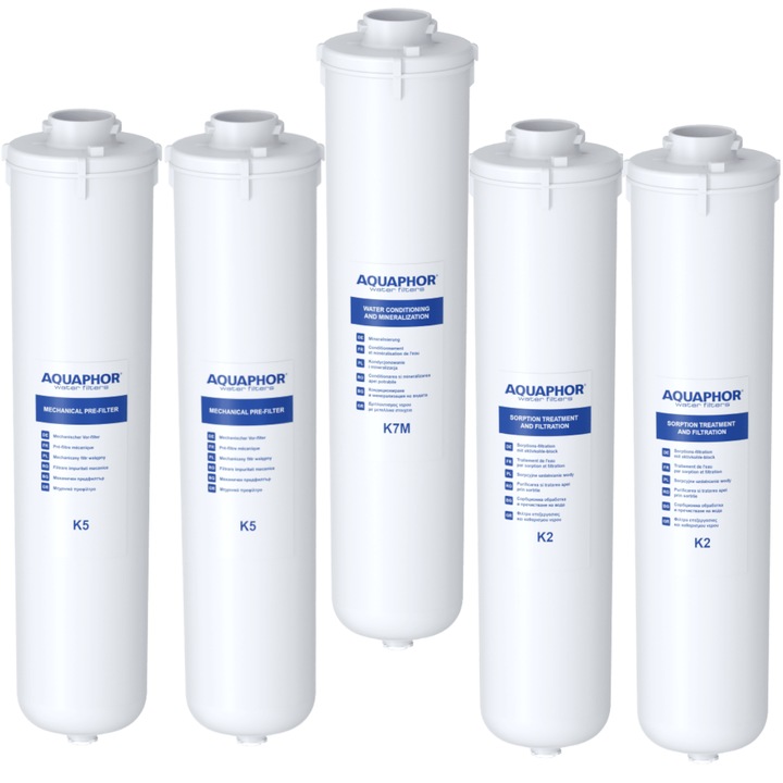 Комплект от 5 пълнителя за воден филтър, AQUAPHOR, 2xK5 + 2xK2 + K7M, AQUAPHOR RO-101S Morion, Бял