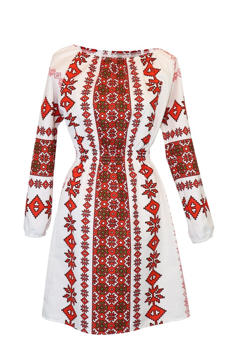 Női ruha, fehér, hagyományos piros mintával, S-es méret