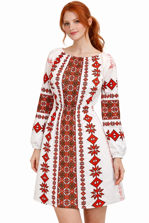 Rochie femei, alba cu imprimeu traditional rosu, marimea M