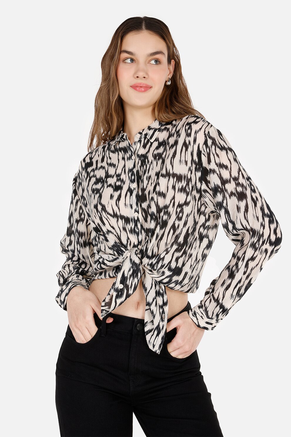 COLIN'S, Camasa cu animal print, Negru, Bej deschis, L