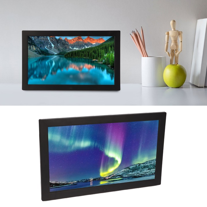 Jormftte digitális képkeret, 18.5 hüvelykes, fekete, távirányítóval, 1080P felbontás, videó és hang támogatás, több funkció