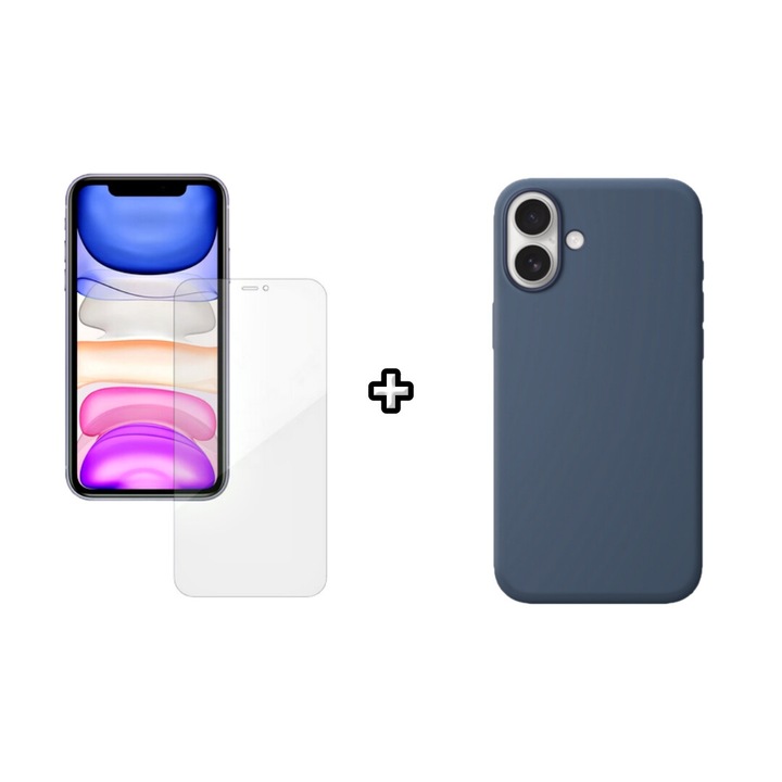 Set Husa Silicon plus Folie din silicon Case Friendly compatibila cu Apple iPhone 16, albastru, HQM Protection