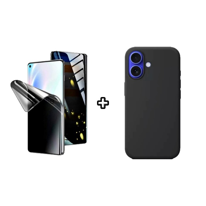 Set Husa Silicon plus Folie din silicon Privacy compatibila cu Apple iPhone 16, neagra, HQM Protection